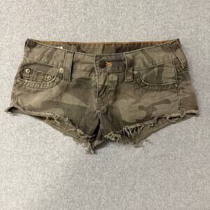 True Religion Bobby Low Rise Green Camo Print Micro Mini Cut Off Camo Shorts 28